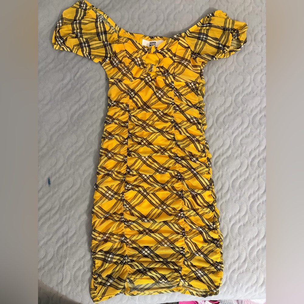 Yellow Plaid Ruched Dress